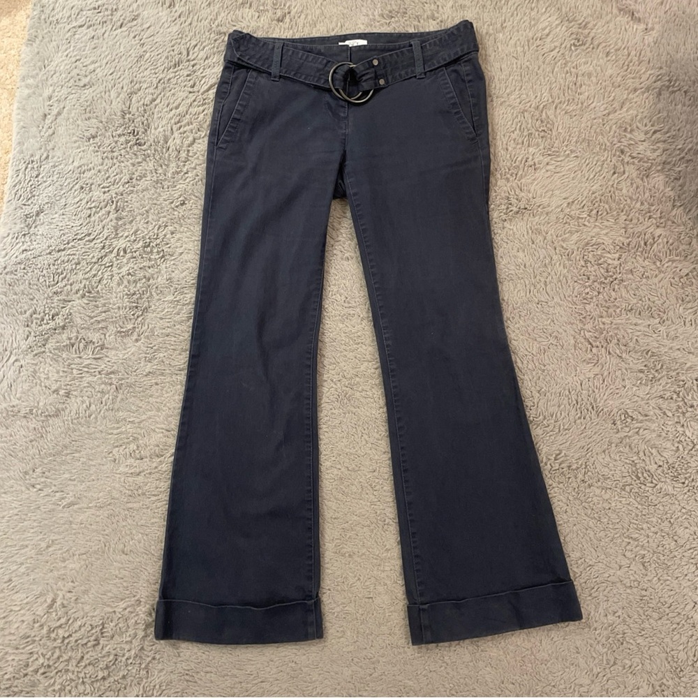 LOFT Petites Marisa Belted Flare Chino Pants Women 4P Navy Blue Side Pockets